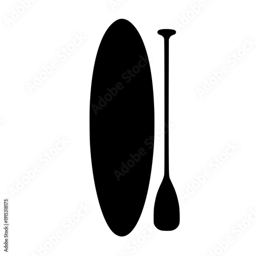 Surfboard and paddle silhouettes in flat vector style