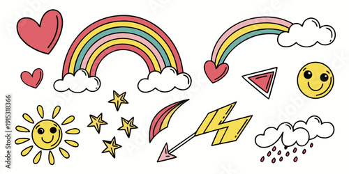 Colorful with thin black outlines of rainbow clouds hearts sun stars lightning bolt