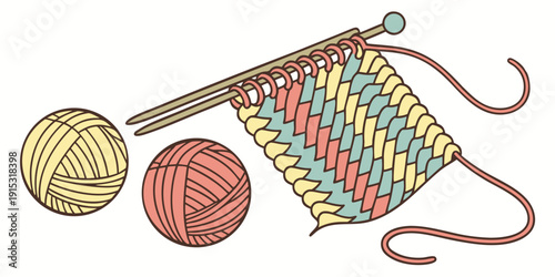Colorful yarn balls and knitting needles with woven fabric