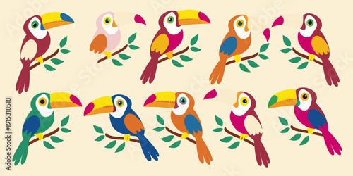 Colorful toucans perched on branches in a repeating pattern