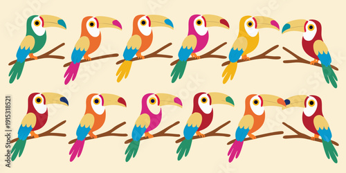 Colorful toucans perched on branches in a repeating pattern