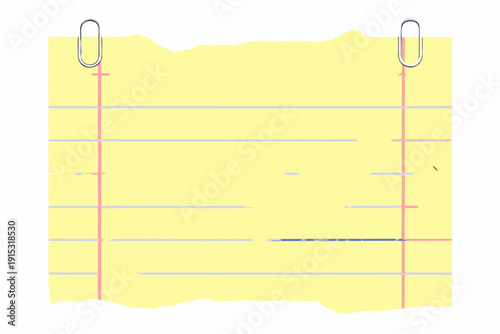 Yellow notepad paper with two silver paper clips attached isolated