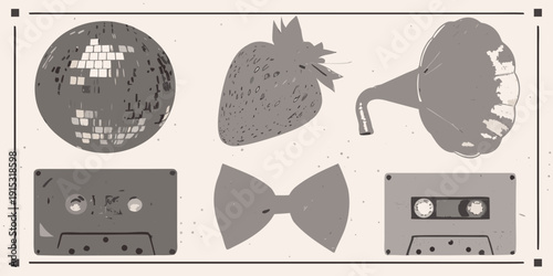 Retro aesthetic collage featuring disco ball fruit and vintage objects