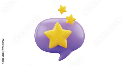 Purple chat bubble with three yellow stars on top, symbolizing a positive message or review. The design is bright and playful.