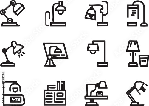 Lamp icon set vector: desk, table, and floor lighting designs eps silhouette