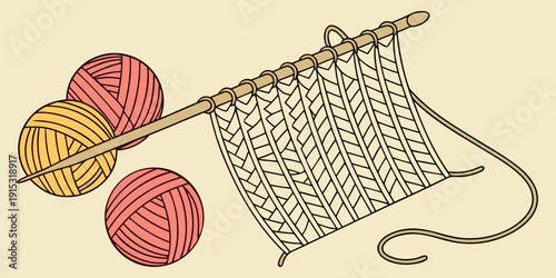 Handmade knitting pattern with yarn balls and needles on cream background