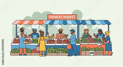 An illustration of a vibrant outdoor farmers market with vendors selling fresh produce to diverse customers.