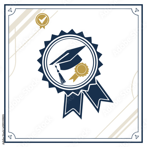 Navy blue graduation cap and ribbon with gold accents on white