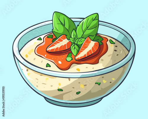 Creamy Oatmeal Porridge Bowl Topped With Fresh Sliced Strawberries And Green Mint Leaves For Breakfast - Vector Illustration