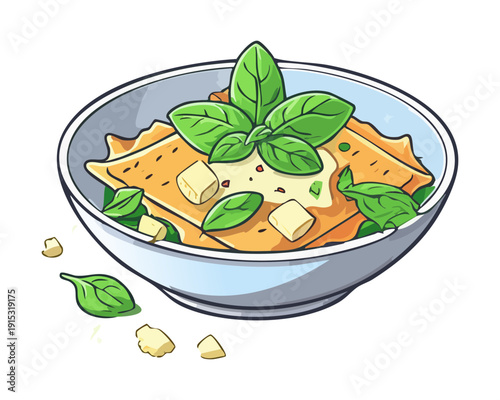 Delicious Italian Ravioli Pasta With Fresh Basil Leaves And Parmesan Cheese Topping Healthy Gourmet Meal - Vector Illustration