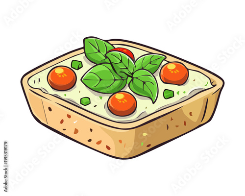 Crunchy Bruschetta Appetizer Topped With Tomato Slices And Fresh Basil Leaves On Crusty Bread - Vector Illustration