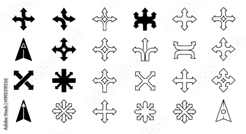 Multi-direction arrow and intersection icon set – crossroad, navigation and routing vector icons