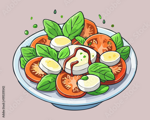 Healthy Garden Salad Bowl With Fresh Lettuce Tomatoes Egg Slices And Green Herb Garnish - Vector Illustration