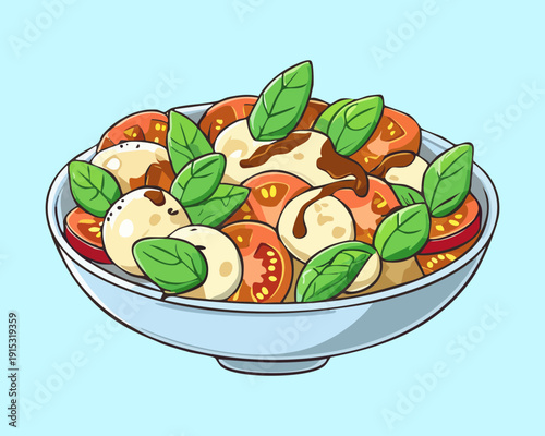 Fresh Caprese Salad With Sliced Tomatoes Mozzarella Cheese And Basil Leaves In Ceramic Bowl - Vector Illustration