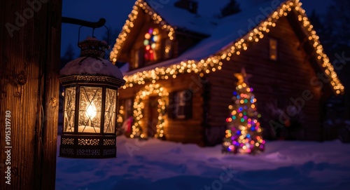 Lantern with snow on a wood...