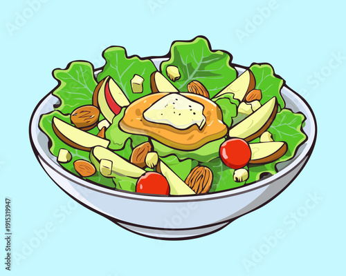 Healthy Fruit And Nut Green Salad With Sliced Apples And Creamy Dressing In Bowl - Vector Illustration