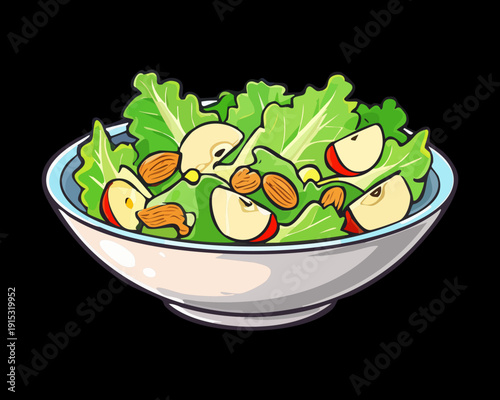Fresh Apple And Nut Salad With Green Lettuce Leaves Served In Modern Black Bowl - Vector Illustration