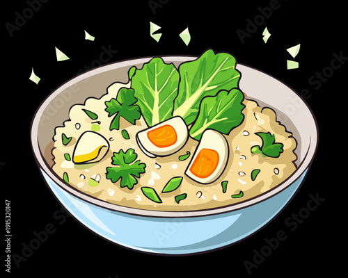 Healthy Rice Porridge With Boiled Eggs And Herb Garnish In Modern Black Bowl Dish - Vector Illustration
