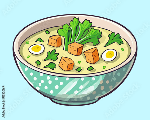 Creamy Vegetable Soup With Croutons And Fresh Herb Garnish In Light Blue Ceramic Bowl - Vector Illustration