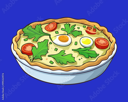 Savory Vegetable Tart With Sliced Eggs And Fresh Parsley In Golden Crispy Pastry Crust - Vector Illustration