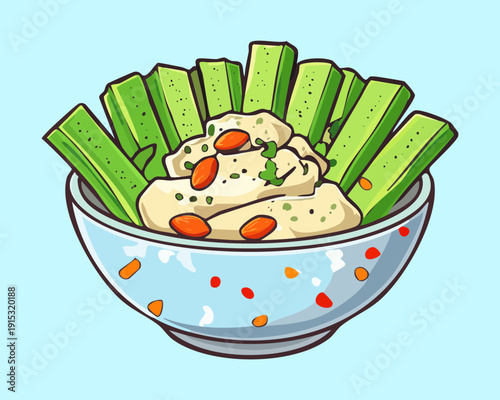 Healthy Celery Sticks With Creamy Dip In Ceramic Bowl For Nutritious Low Calorie Snack - Vector Illustration