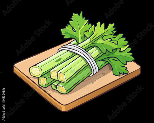 Fresh Green Celery Bundle On Wooden Round Cutting Board For Healthy Kitchen Ingredient Use - Vector Illustration