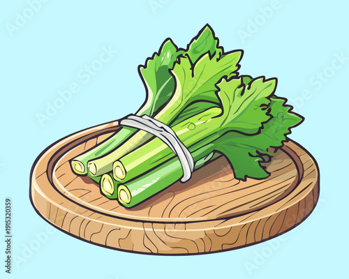 Bundle Of Fresh Celery Stalks On Wooden Board For Healthy Nutritious Vegetable Cooking Preparation - Vector Illustration