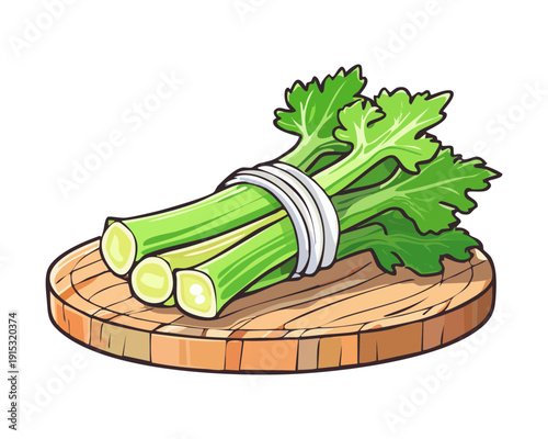 Bunch Of Fresh Celery Stalks On Wooden Cutting Board For Healthy Green Juice Preparation - Vector Illustration