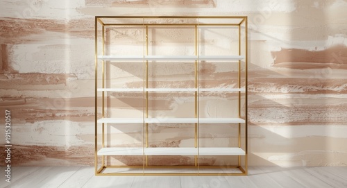 Gold framed white shelving ...