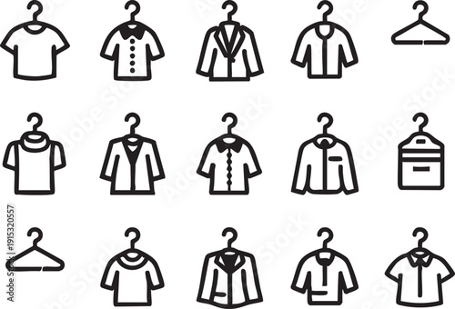 Clothing icons vector set: t-shirts, shirts, jackets, and hangers eps silhouette