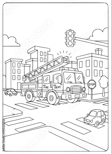 Firefighter truck crosses a city intersection in this kids coloring page