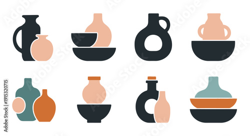 Collection of abstract ceramic vases and bowls in minimalist style.
