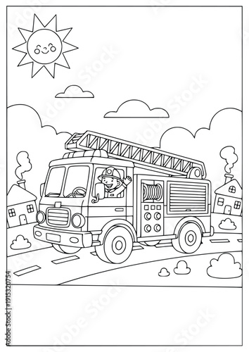 Firetruck coloring page for kids featuring a rescue vehicle and hydrant