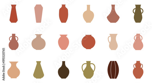 Collection of variously shaped and colored clay pots and vases in different designs.