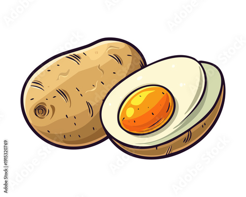 Sliced potato halves with cooked egg yolk inside for creative healthy breakfast and protein snack idea - Vector Illustration