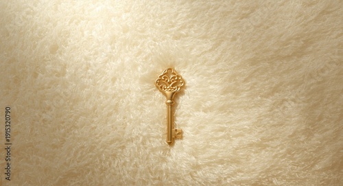 Golden house key on plush t...