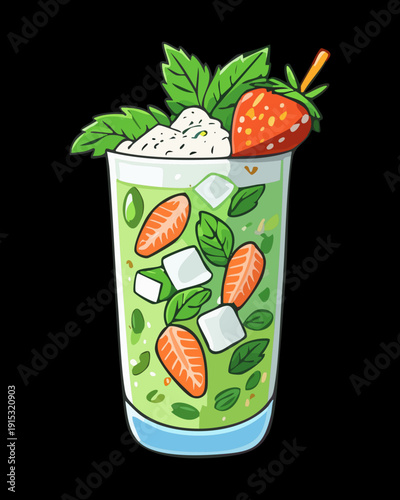 Cold strawberry and mint green tea in tall glass with ice for healthy summer drink refreshment - Vector Illustration