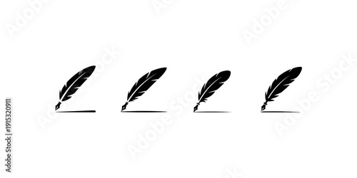 Set of four black feather quill pen icons with nib drawing lines on white background for writing tools symbols poetry literature and creative calligraphy