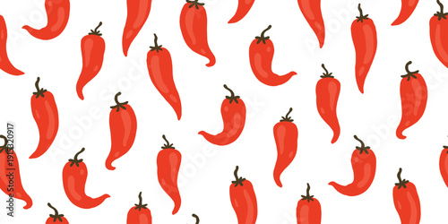 Chili pepper seamless horizontal pattern with red hot vegetables in doodle cartoon style. Minimalist hand-drawn spicy food background for kitchen textiles, Mexican food packaging and cute stationery.