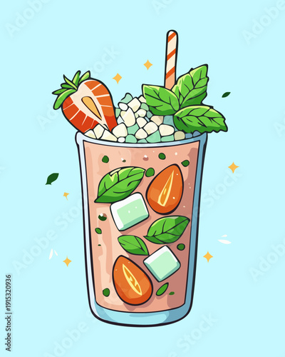 Fruity iced tea with strawberries and mint leaves in tall glass for refreshing garden party drink - Vector Illustration
