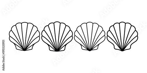 Seashell line icons collection featuring scallop shell shapes for beach summer vacation and nautical theme designs isolated on white background graphics