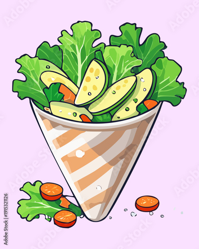 Delicious vegetable wrap with fresh lettuce and tomatoes for healthy on the go meal and snack - Vector Illustration