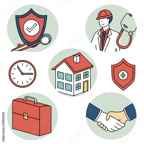 Staff insurance set with shield stethoscope clock house briefcase handshake