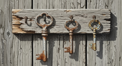 Vector illustration of three antique, rusty skeleton keys hanging from metal hooks on a distressed