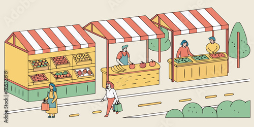 Street market scene with fruit stands and shoppers colorful vibrant red and white striped awnings