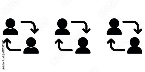 People loop icon set, human exchange sign, person rotation symbol, user interaction label, community feedback emblem, team network mark
