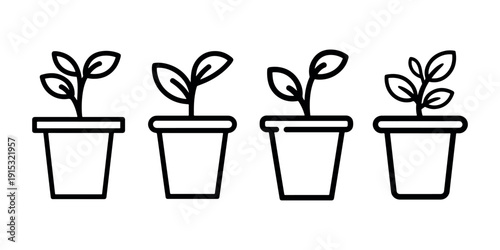 Potted plant icon set, growth sign, sprout symbol, gardening label, natural development emblem, flora cultivation mark, horticulture decor