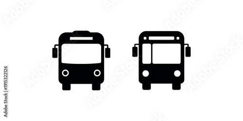 Two simple black silhouette icons showing front views of city transit buses for public transportation route navigation system design