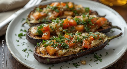 Savory grilled eggplant hal...