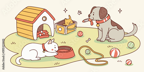 White cat and brown dog on green patch with pet house and toys